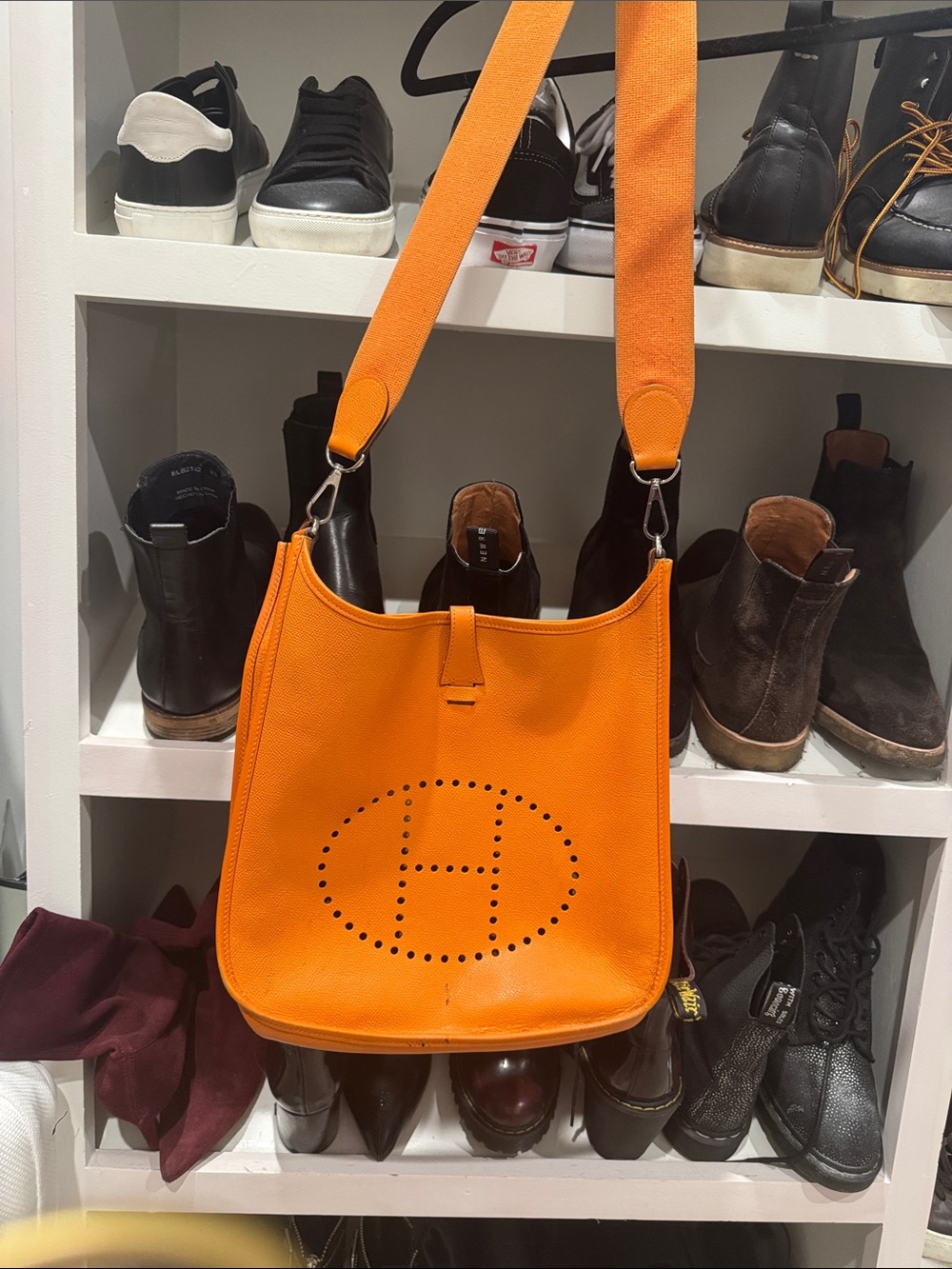 Orange Leather Shoulder Bag with Perforated Design
